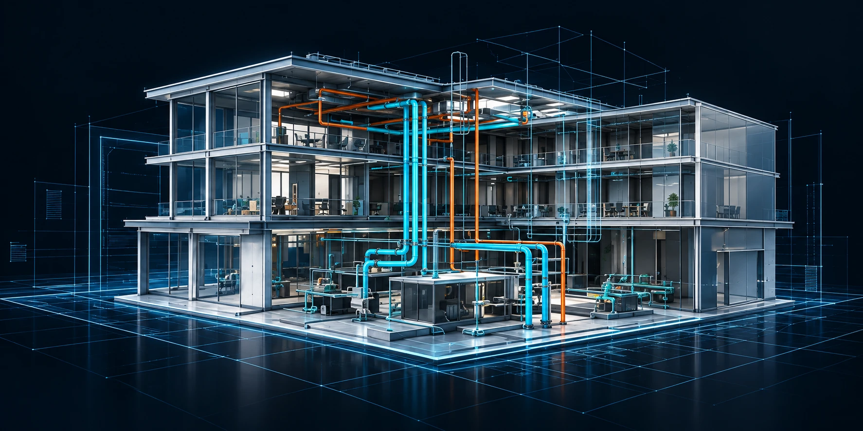 Architectural cutaway showing structural framing and MEP systems