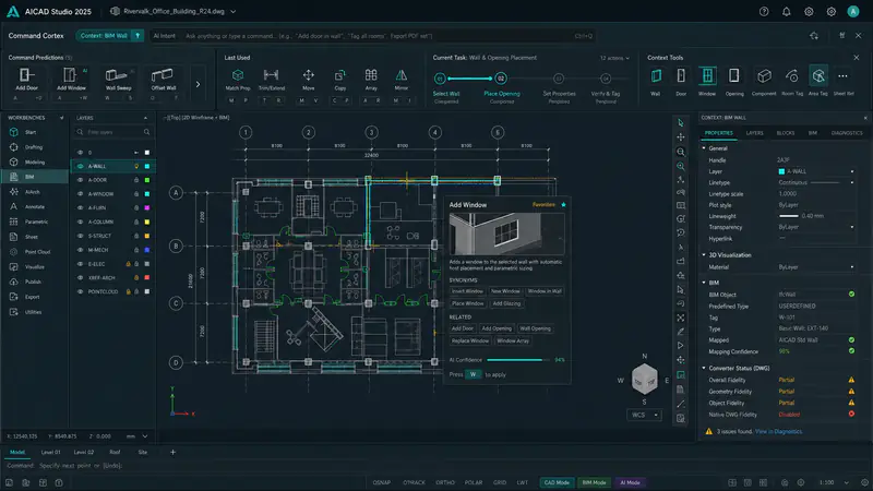 Bản dựng ý tưởng một lớp phủ tên Command Cortex trên giao diện CAD nền tối. Hàng trên là ô nhập lớn ghi "Ask anything or type a command…" cùng phím tắt Ctrl Q. Bên dưới là năm thẻ dự đoán lệnh — Add Door, Add Window, Wall Sweep, Offset Wall — mỗi thẻ kèm phím tắt. Một thẻ chi tiết cho lệnh Add Window liệt kê nhóm từ đồng nghĩa Insert Window, New Window, Window in Wall và nhóm lệnh liên quan. Giữa là mặt bằng có lưới trục; cột phải là bảng thuộc tính có phần Converter Status với ba dòng Partial và dòng Native DWG Fidelity ghi Disabled.