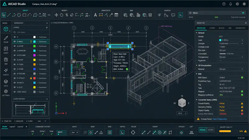 Bản dựng ý tưởng cửa sổ chính của một ứng dụng CAD/BIM nền tối. Trên cùng là dải lệnh chia nhóm DRAFT, MODIFY, ANNOTATE, BIM và AIARCH. Cột trái là cây lớp: A-WALL, A-DOOR, A-WINDOW, A-COLUMN, A-ROOF, mỗi lớp một ô màu. Vùng giữa là mặt bằng hai chiều có lưới trục số 1 đến 5 và trục chữ A đến D, kích thước 8100 mm giữa các trục, đặt cạnh mô hình ba chiều cùng công trình. Cột phải là bảng thuộc tính đối tượng đang chọn, phần Converter Status ghi Overall Fidelity Partial và Native DWG Fidelity Disabled, dưới cùng là cảnh báo "3 issues found".
