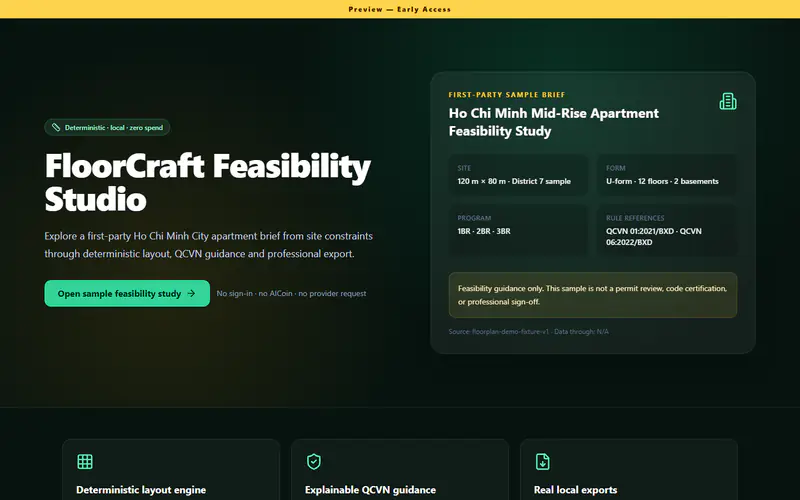 Ảnh chụp màn hình một trang vào nền xanh đậm, trên cùng là dải vàng ghi "Preview — Early Access". Tiêu đề lớn "FloorCraft Feasibility Studio", bên dưới là nút "Open sample feasibility study" và dòng chữ nhỏ "No sign-in · no AICoin · no provider request". Bên phải là thẻ hồ sơ mẫu "Ho Chi Minh Mid-Rise Apartment Feasibility Study" gồm bốn ô: Site 120 m × 80 m, Form U-form 12 tầng 2 tầng hầm, Program 1BR · 2BR · 3BR, Rule references QCVN 01:2021/BXD và QCVN 06:2022/BXD, kèm câu tự giới hạn rằng đây chỉ là hướng dẫn khả thi, không phải thẩm định hồ sơ hay chứng nhận.