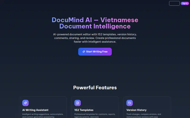 Ảnh chụp màn hình một trang giới thiệu nền tối. Tiêu đề lớn hai dòng "DocuMind AI — Vietnamese Document Intelligence" bằng chữ tím, dưới là một đoạn mô tả và một nút duy nhất "Start Writing Free". Cuộn xuống là mục "Powerful Features" với ba thẻ: AI Writing Assistant, 152 Templates và Version History. Góc trên phải có nút Sign in.