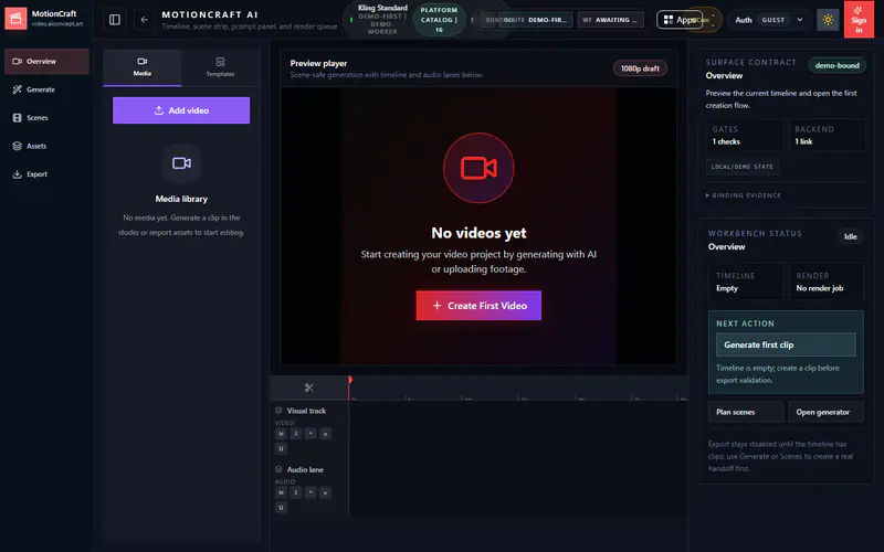 Ảnh chụp màn hình một trình dựng video nền tối. Hàng nhãn trên cùng ghi DEMO-FIRST, DEMO-WORKER và trạng thái xác thực GUEST cạnh nút Sign in. Cột trái là điều hướng Overview, Generate, Scenes, Assets, Export, nút Add video và một thư viện phương tiện trống. Vùng giữa là khung xem trước ghi "No videos yet" với nút Create First Video, dưới đó là dòng thời gian có một lớp hình và một lớp âm thanh. Cột phải là bảng Surface contract gắn nhãn demo-bound, ghi Timeline Empty, Render No render job, và hành động kế tiếp là Generate first clip.